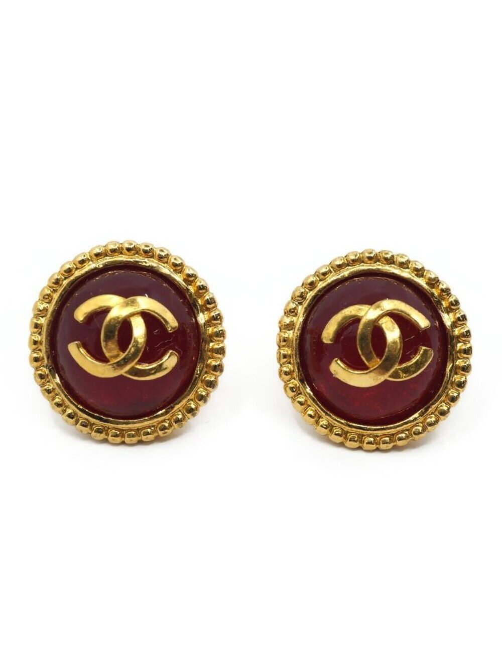 Chanel CC Logo Gripoix Earrings Gold Red